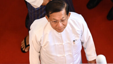 Myanmar’s junta chief Min Aung Hlaing attends a ceremony in Naypyitaw on October 15, 2023 (AFP)