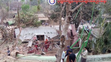 A building used to shelter war-displaced villagers lies in ruins after being hit by a junta airstrike on a monastery in Rakhine State’s Ponnagyun Township on March 25 (Photo: Ponnagyun Youths Association)