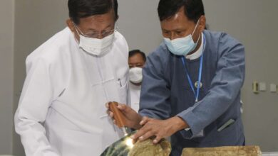 Junta leader Min Aung Hlaing at the Mani Yadana Jade and Pearl Emporium in Naypyitaw in 2021 (Photo: Ministry of Information)