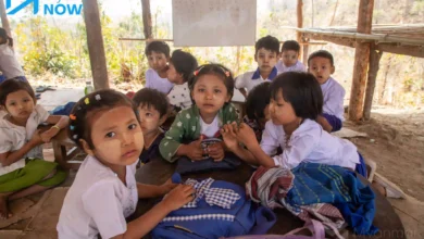 IDP children attending class in the woods of Pauk Township, Magway Region, in March (Photo: Moe Oo)